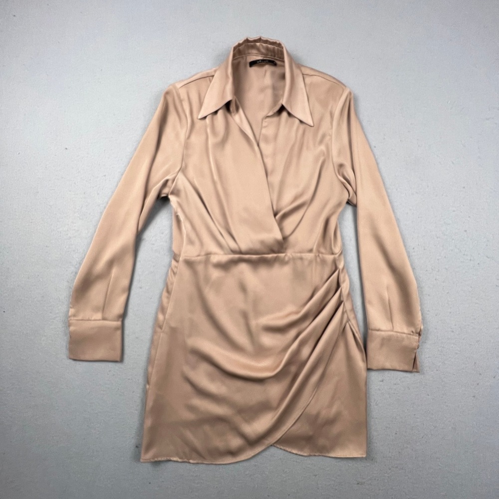 DELUC Satin Wrap Mini Dress Womens Medium Beige Long Sleeve Ruched 8845D